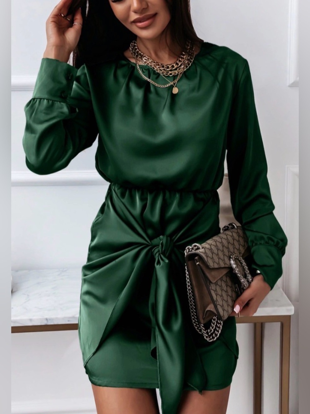 Grace Karin Deep Green Satin Long-Sleeve Knot Front Dress